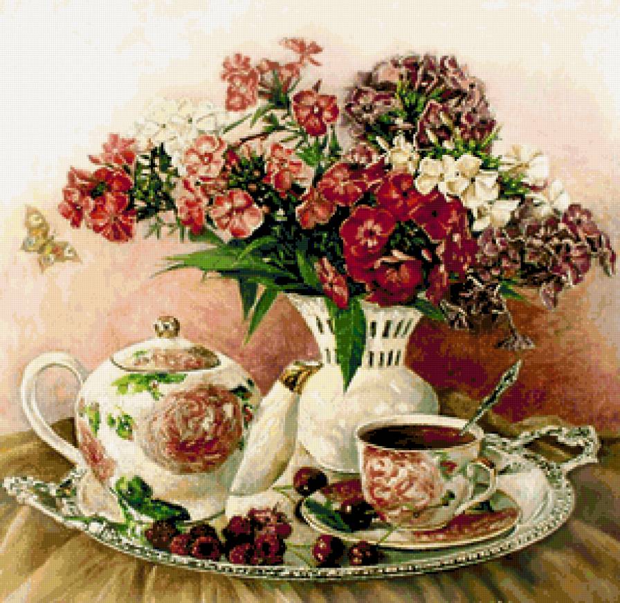 натюрморт  ''флоксы'' - чашка, картина, посуда, чаепитие, для кухни, кухня, чай, натюрморт - предпросмотр