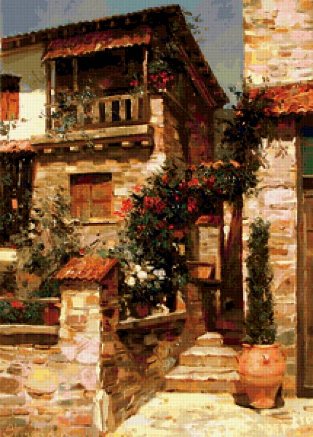 городской пейзаж - дворик, лето, дом - предпросмотр