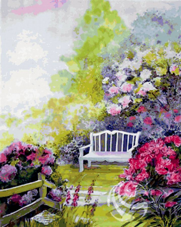 Скамейка в саду - скамейка, цветы, сад - предпросмотр