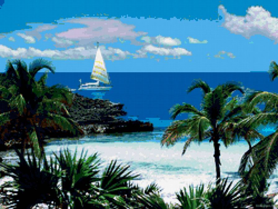 море - яхта, пляж, парус, пальмы - предпросмотр