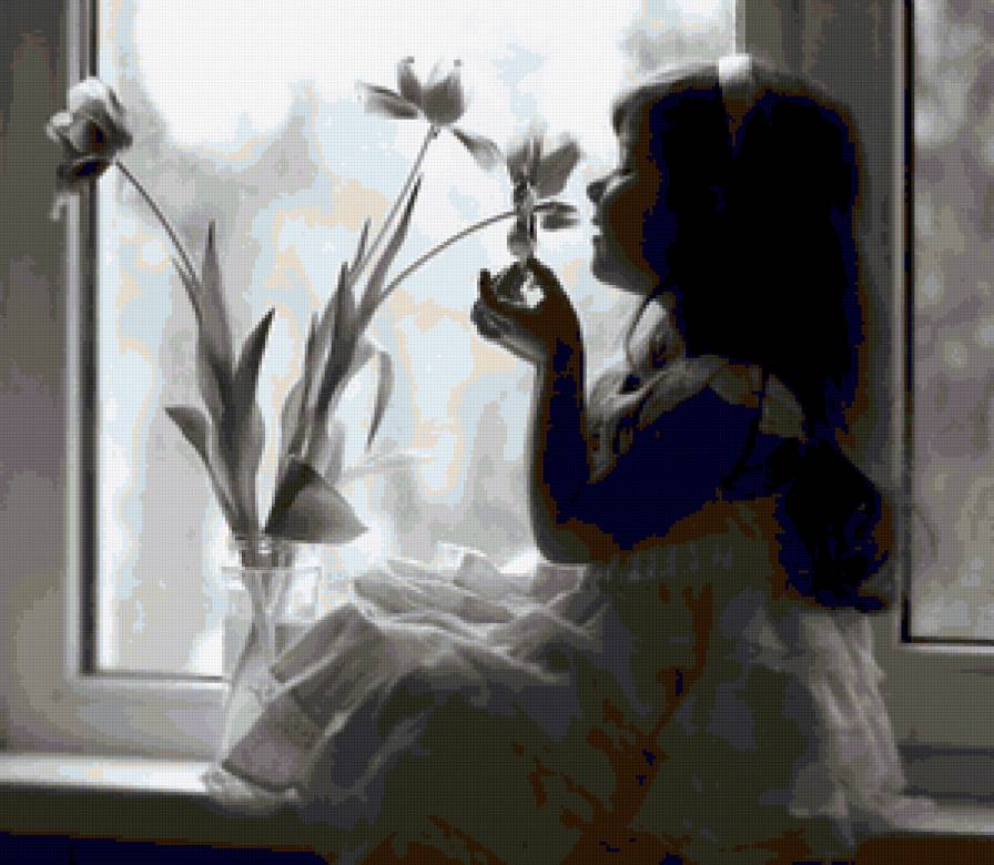 Девочка - девочка, окно, тюльпаны, цветы - предпросмотр