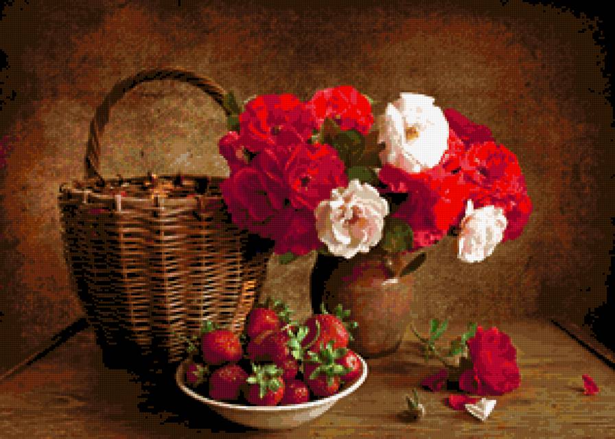 букет - натюрморт, цветы, букет, клубника - предпросмотр