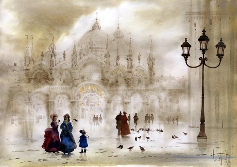 Городской пейзаж - природа, городской пейзаж, ретро, акварель, дамы, город - оригинал