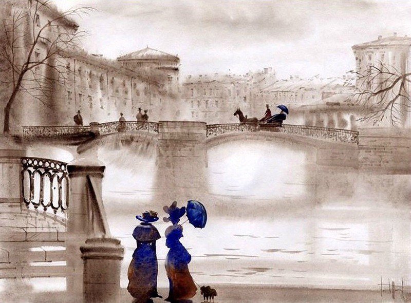 Городской пейзаж - дамы, город, акварель, городской пейзаж, ретро, природа - оригинал