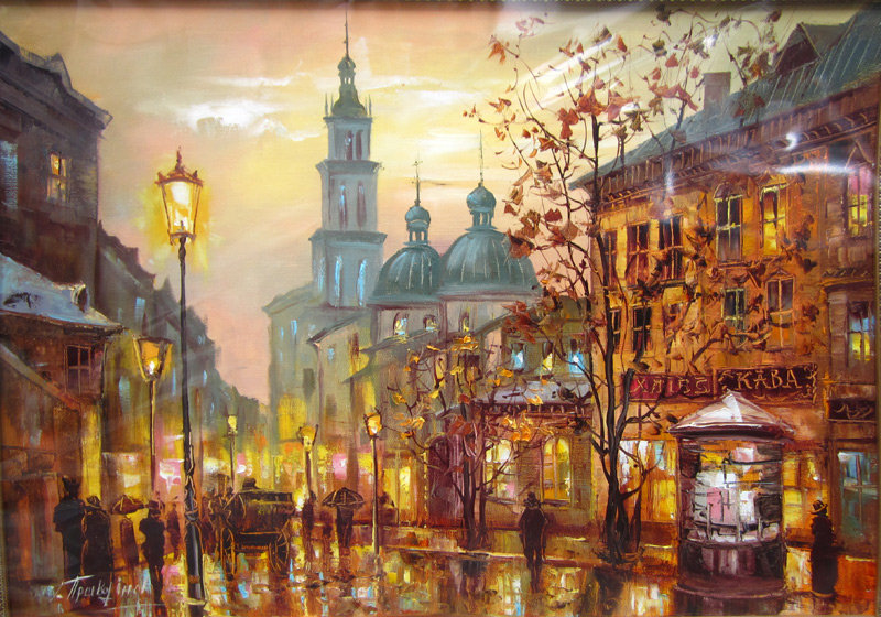 Дождливый вечер - город пейзаж вечер дождь огни сквер - оригинал