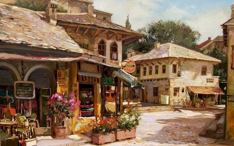 Тоскана - город пейзаж тоскана цветы улицы италия кафе - оригинал