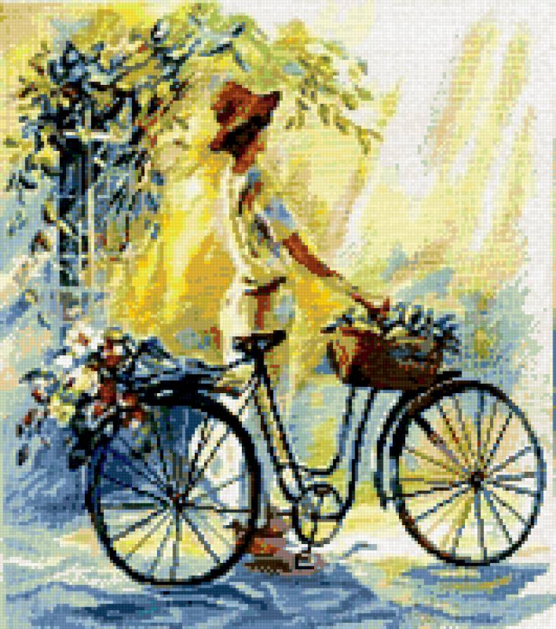 ... - дама с велосипедом, утренняя прогулка - предпросмотр