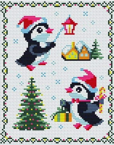 Рождественские мини-вышивки - мини-вышивки, пингвины, новый год, домики, рождество, пингвин - оригинал