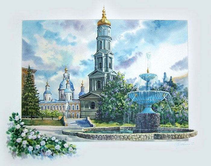 Успенский собор - лето, городской пейзаж, фонтан, цветы - оригинал