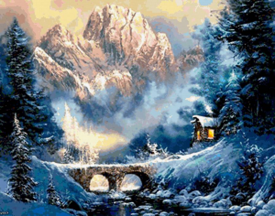 зима в горах - горы, зима, снег, мост - предпросмотр