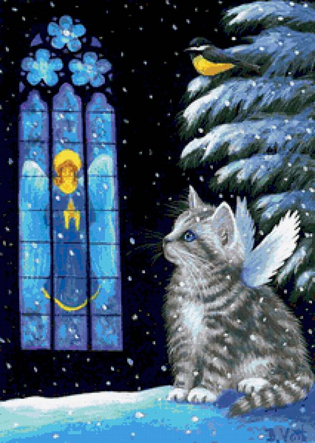 Кошка и ангел - рождество, зима, снег, кошка, ангел, кошки, животные, ангелочек - предпросмотр