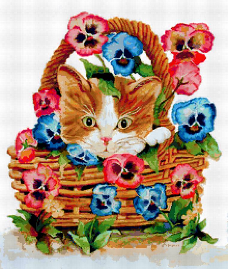 Кошка в лукошке - животные, цветы, кошка, котенок, лукошко. анютины глазки, кошки - предпросмотр