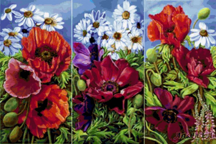 маки  (Триптих -общий вид) - натюрморт, триптих, мак, диптих, маки, картина, цветы, букет, полиптих - предпросмотр