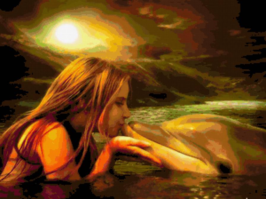 Девочка и дельфин - дельфин, девочка, ночь - предпросмотр