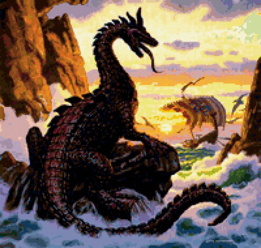 Дракон на скалах. - скалы, пейзаж, картина, дракон, закат, море, горы, корабль - предпросмотр