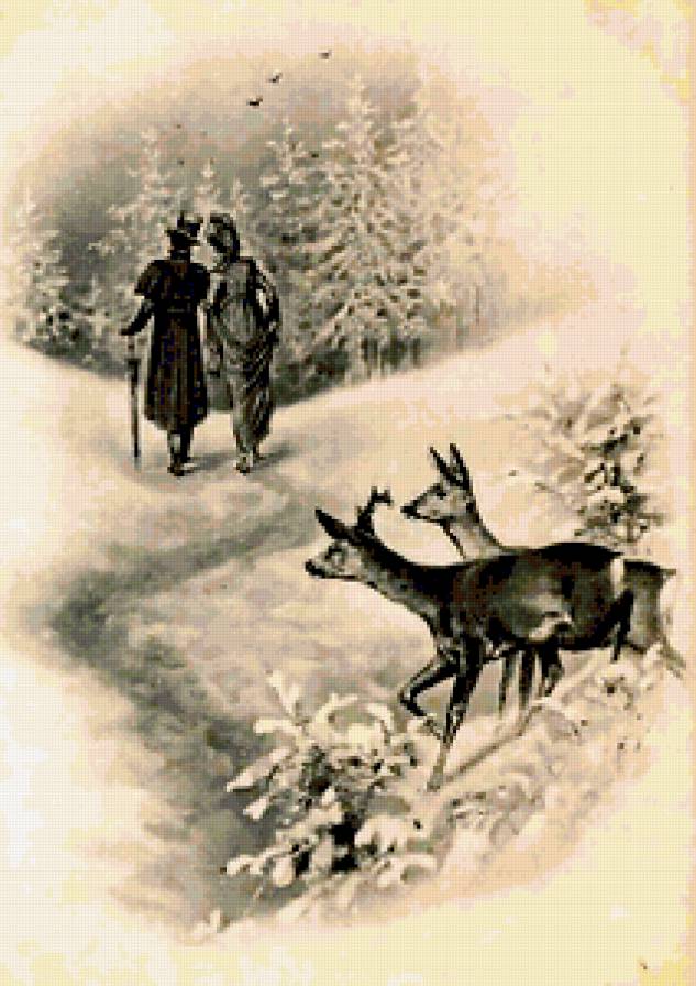 ретро-открытка - зима, двое, ретро, олени, мужчина, природа, рождество, жен, пара - предпросмотр