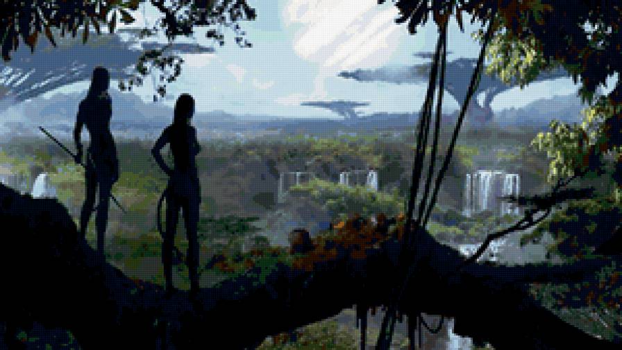 Кадр из фильма "Аватар" - водопад, пейзаж, дерево, люди - предпросмотр