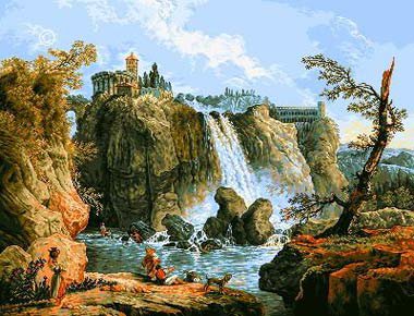 Водопад на реке Тиволи - живопись, река, пейзаж, водопад, природа, картина - оригинал