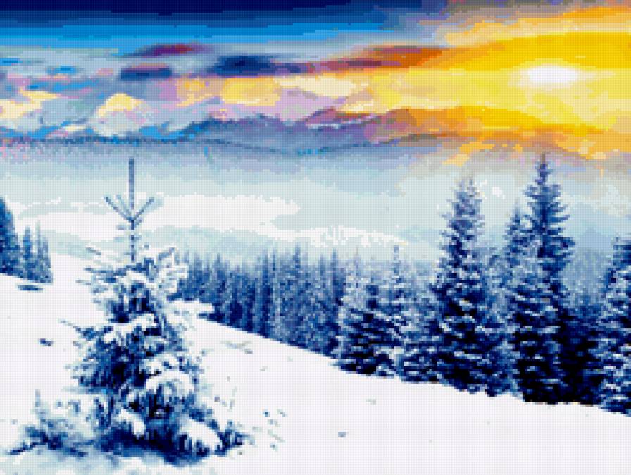 Зима - пейзаж, закат, ели, зима - предпросмотр