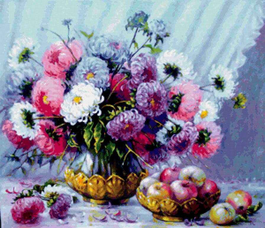 натюрморт - ваза, яблоки, цветы, астры - предпросмотр