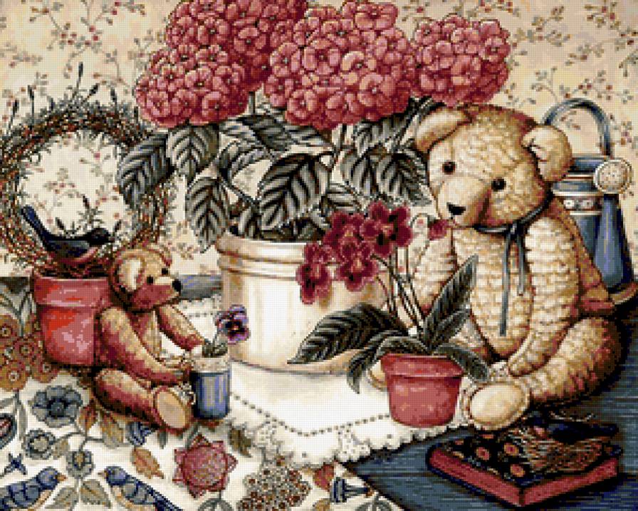 Медвежата - цветы, игрушки, гортензия, медвежата, медведи, для детей, мишки - предпросмотр