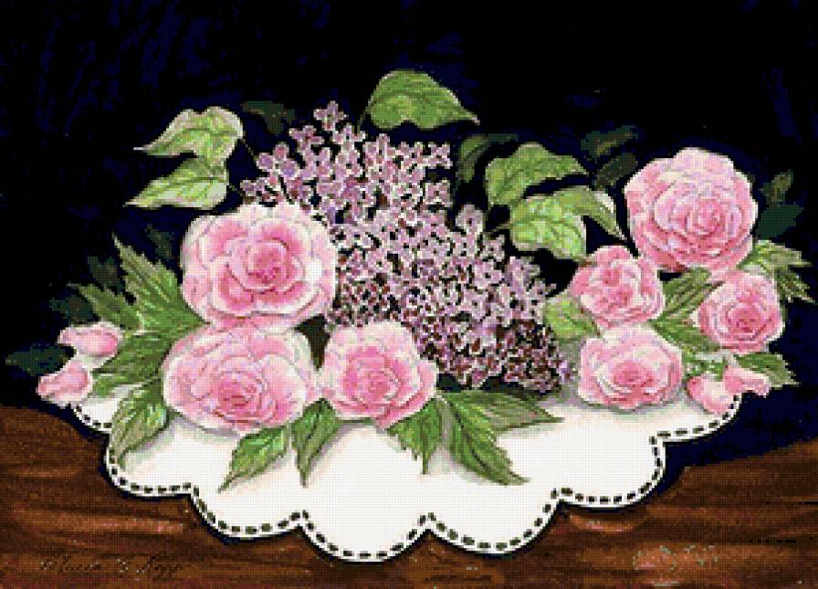 Сирень и розы - сирень, розы, цветы, цветочное панно, душистая сирень - предпросмотр