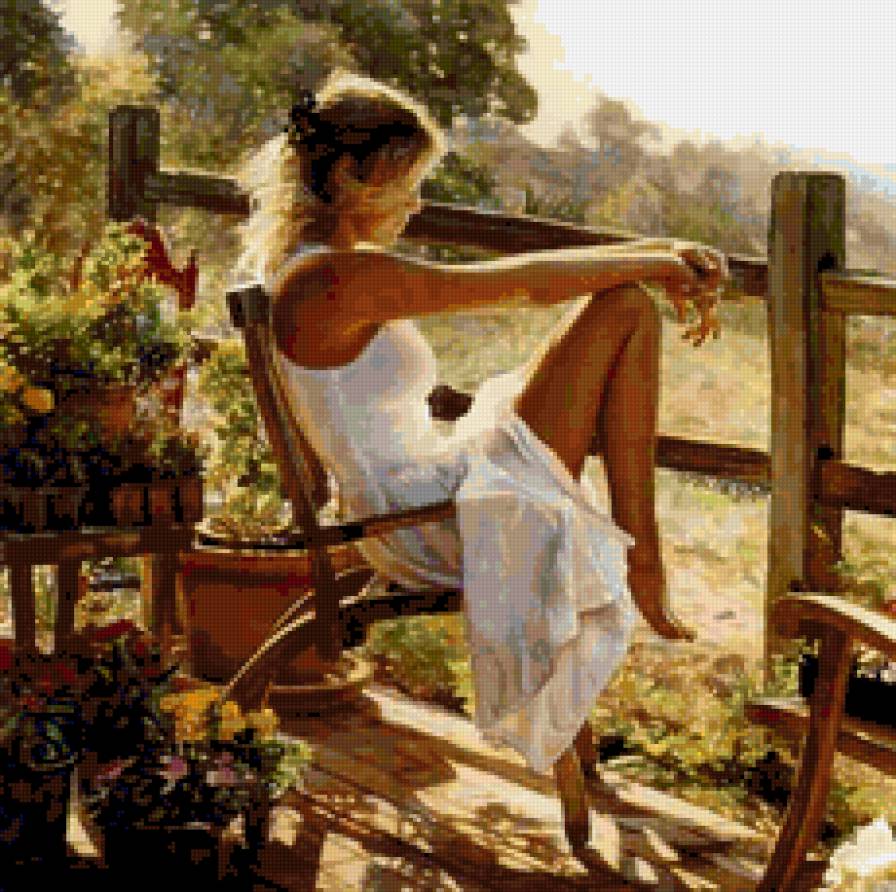 Печаль - цветі, красота, девушка, грусть, женщина, живопись, лето - предпросмотр