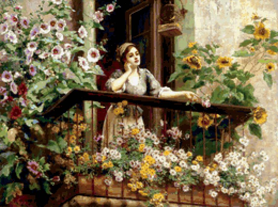 на балконе - романтика, цветы, природа, букет, картина девушка - предпросмотр