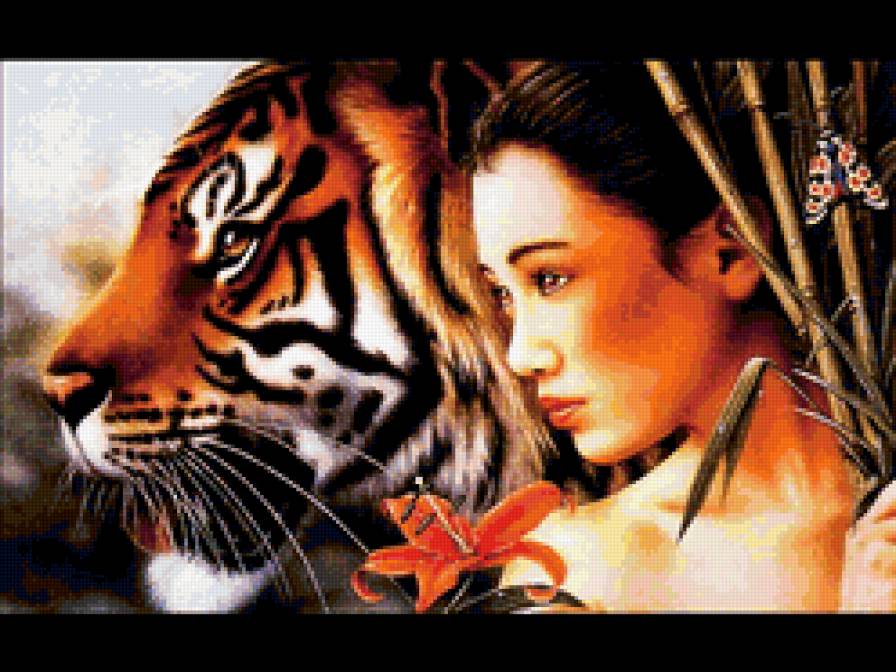 девушка и тигр - девушка, тигр, хищник - предпросмотр