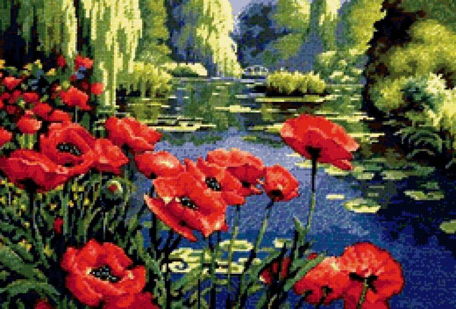 цветы - вода, живопись, река, природа, картина, весна - предпросмотр