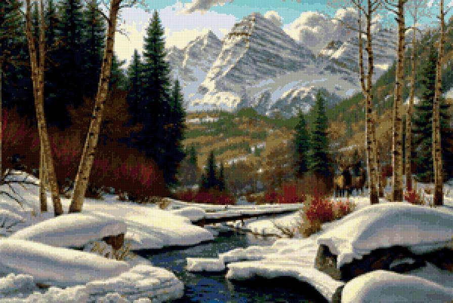 картина - лес, река, природа, зима, речка, живопись, горы, пейзаж - предпросмотр