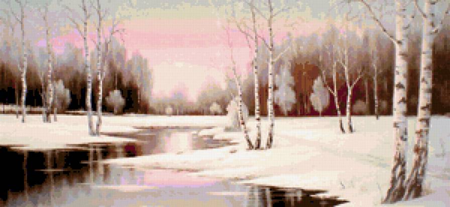 зима - зима, береза, живопись, река, картина, снег, лес, природа, пейзаж - предпросмотр