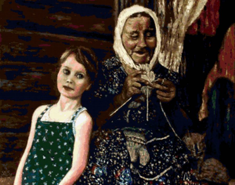 Бабушка и внучка. - вязание, деревня, бабушка, девочка, кот - предпросмотр