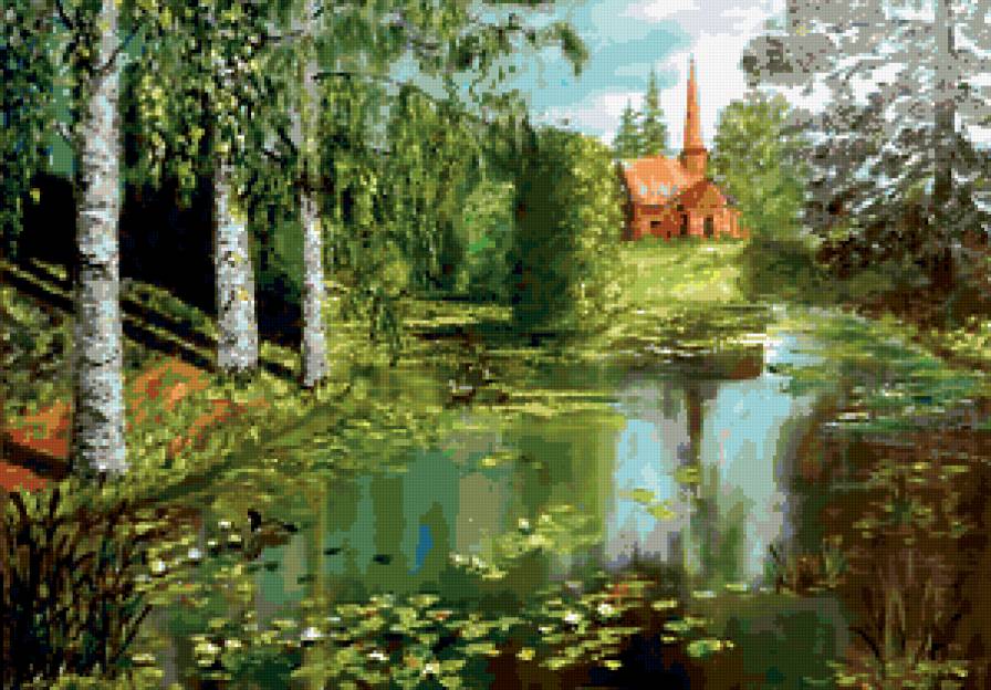 живописный уголок - река, домик, деревья, пейзаж - предпросмотр