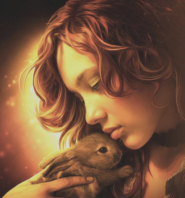 девушка с зайчонком - женщина - оригинал