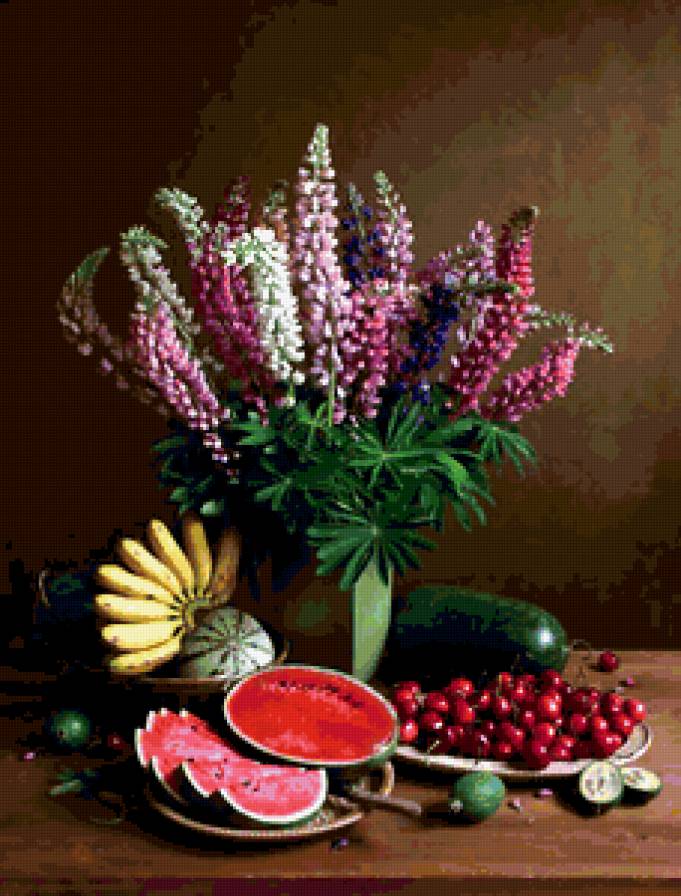 натюрморт - бананы, ваза, арбз, люпин, вишни - предпросмотр