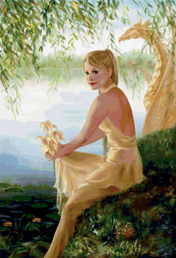 Golden_Dragon_by_peachysticks - фэнтези, девушка, цветы - предпросмотр