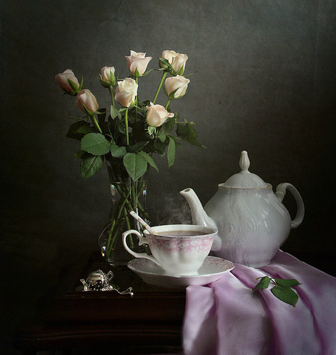 натюрморт - натюрморт, чашка, утро, розы, букет, чай - оригинал