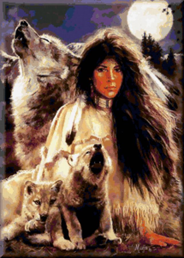 лунная ночь - индейцы, женщина - предпросмотр