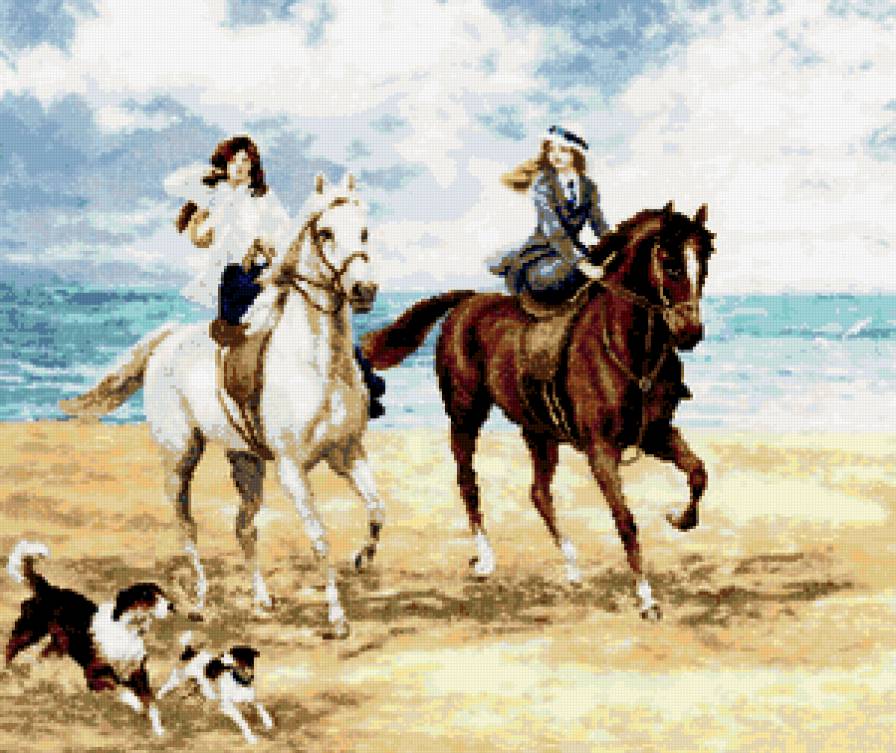 Конная прогулка - ретро, лошадь, девушка, море - предпросмотр