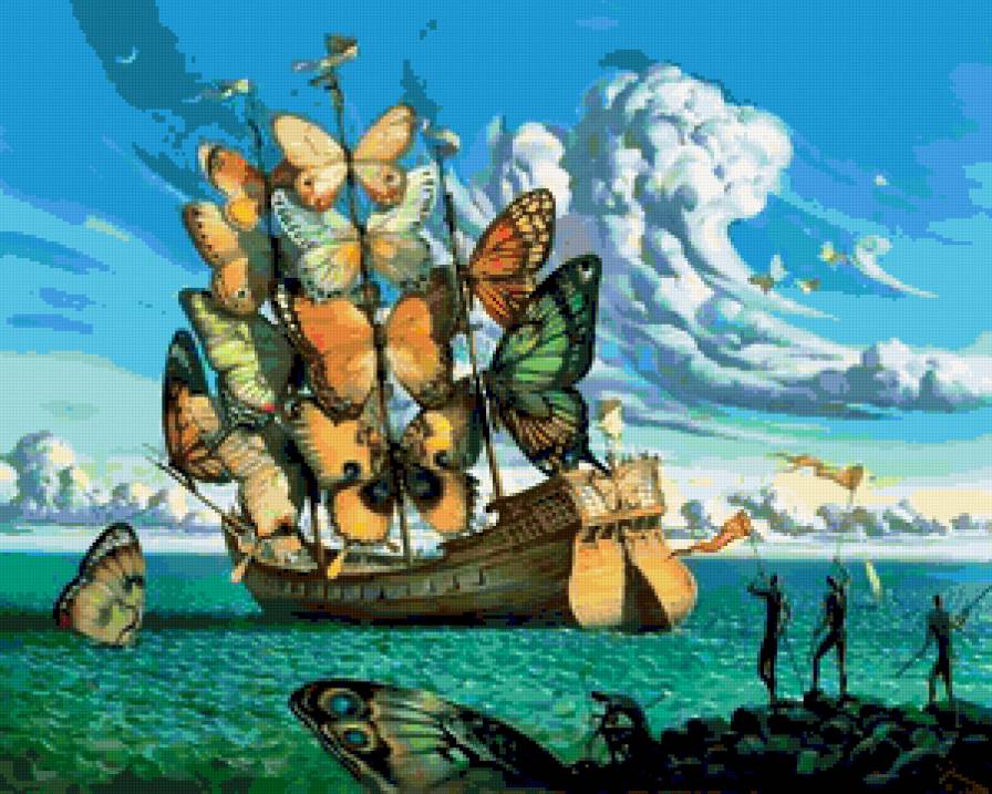 Корабль с бабочками - корабль, бабочки, море - предпросмотр