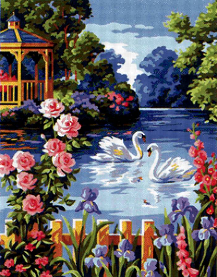 Лебединое озеро - озеро, цветочное, беседка, лебедь - предпросмотр