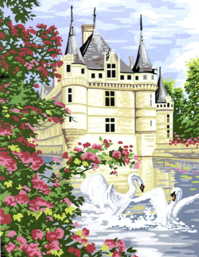 Пруд у замка - озеро, замок, лебедь, цветочное - оригинал