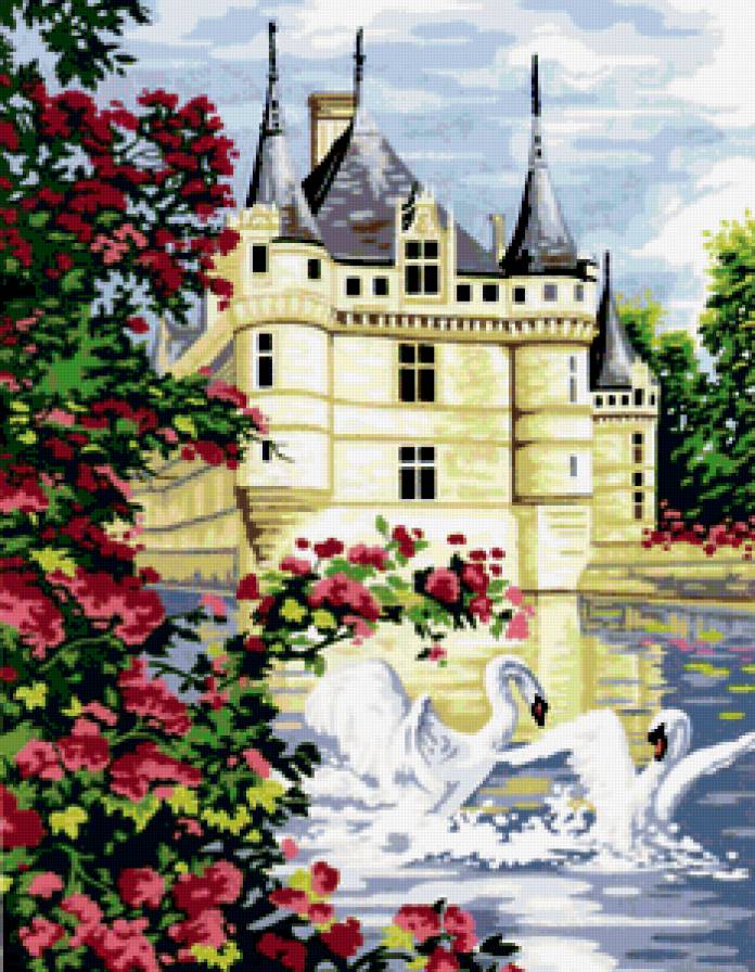 Пруд у замка - цветочное, лебедь, озеро, замок - предпросмотр