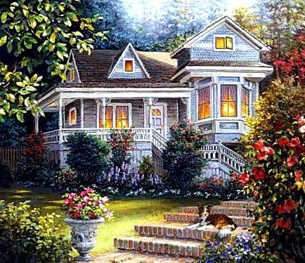 Загородный дом - усадьба, дом, цветы, лестница, двор, вилла, сад - оригинал