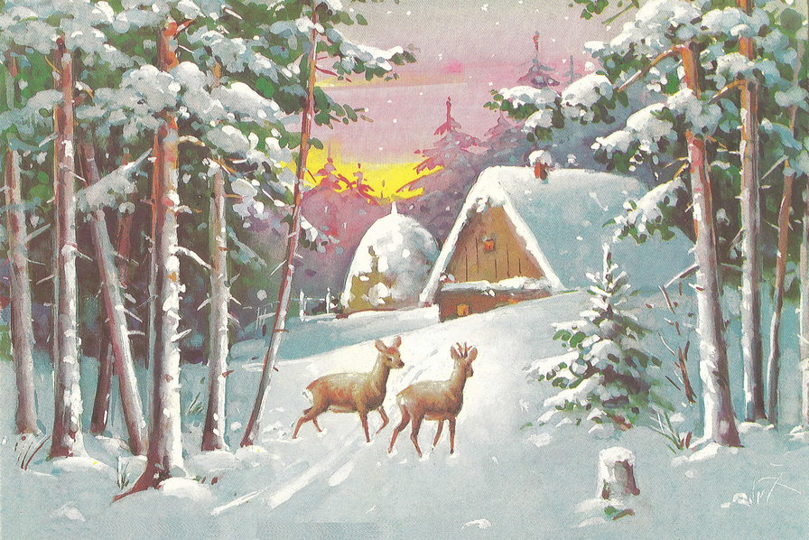 Избушка в лесу - дом, олени, лес, зима - оригинал