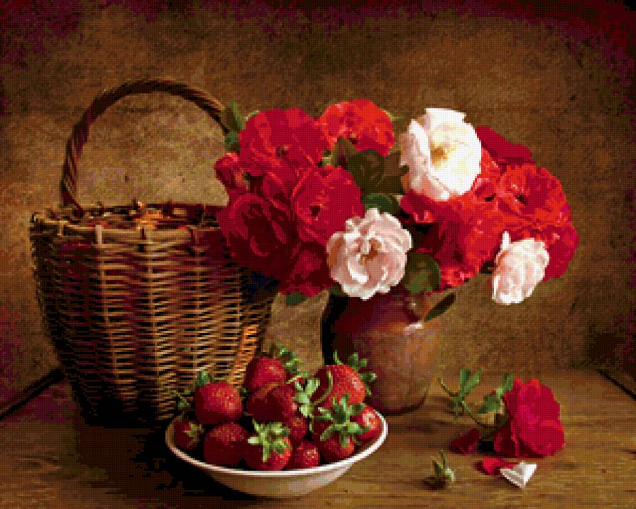 276357 - натюрморт, фрукты, цветы, розы - предпросмотр