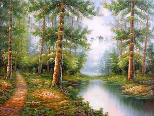 пейзаж - река, природа, живопись, пейзаж, картина, лес, парк - оригинал