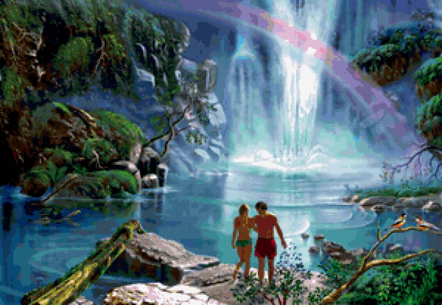 пейзаж - река, лес, картина, природа, живопись, пейзаж, парк - предпросмотр