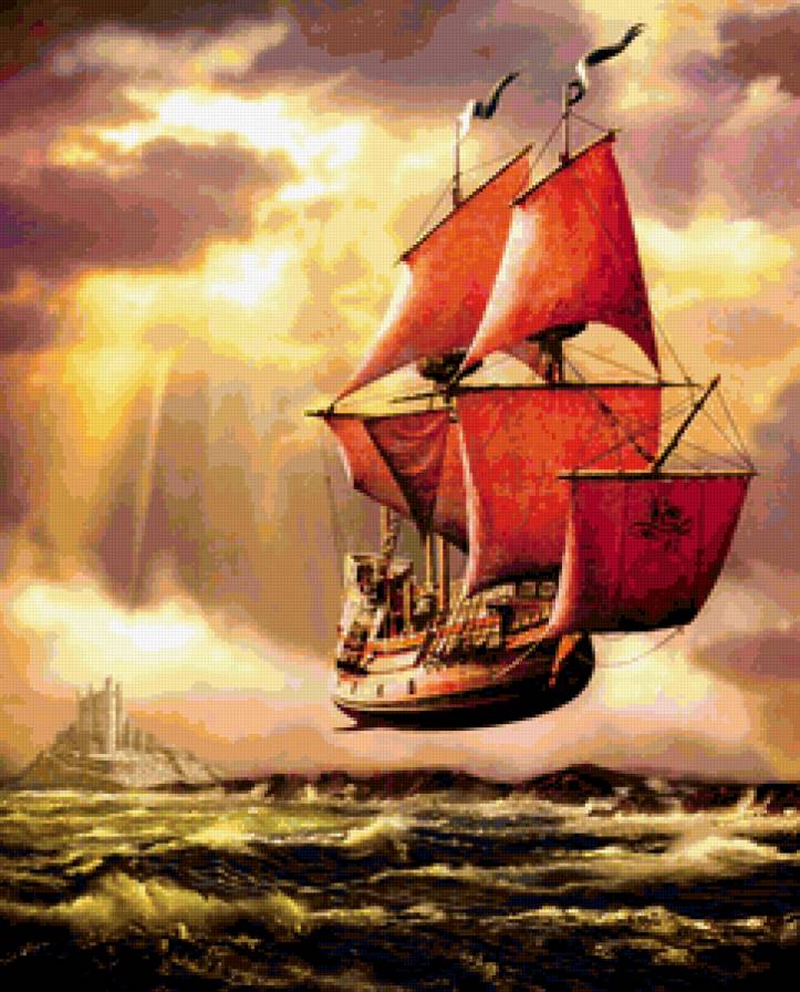 алые паруса - замок, замки, море, пейзаж, фэнт, волны, картина, фригат, корабль - предпросмотр